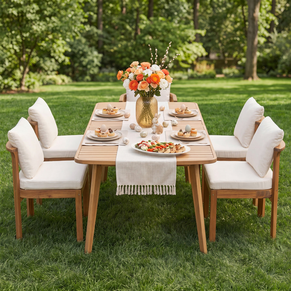 Acacia Wood Outdoor Dining Chair Set of 4 with Water-Repellent Cushions – Brown, Cream or Cream, Teak