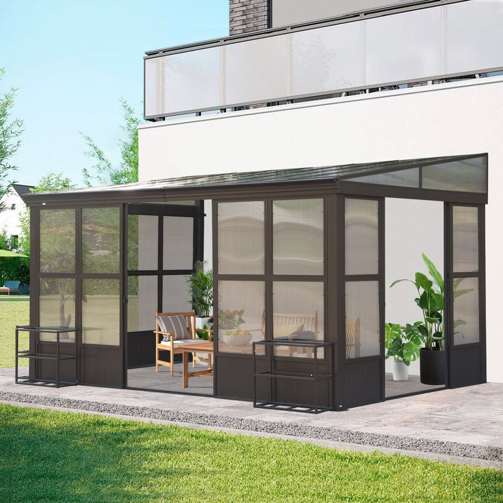 10x12FT Aluminum Sunroom with Detachable Windows - Dark Brown