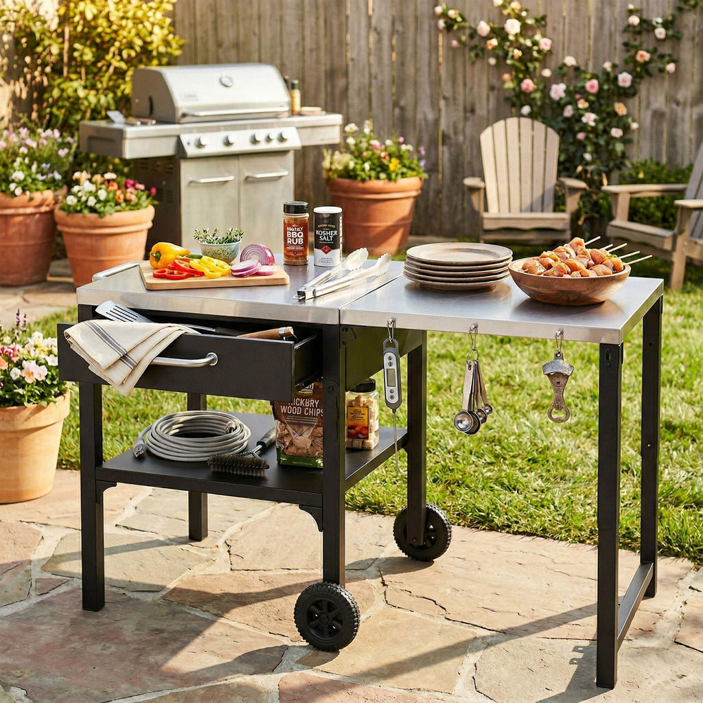 Foldable Outdoor Kitchen Cart with Storage - Black