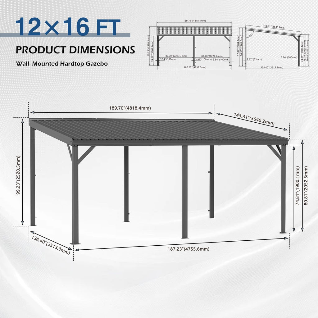 12'x16' Hardtop Lean-To Gazebo with Gutters - Grey or Brown