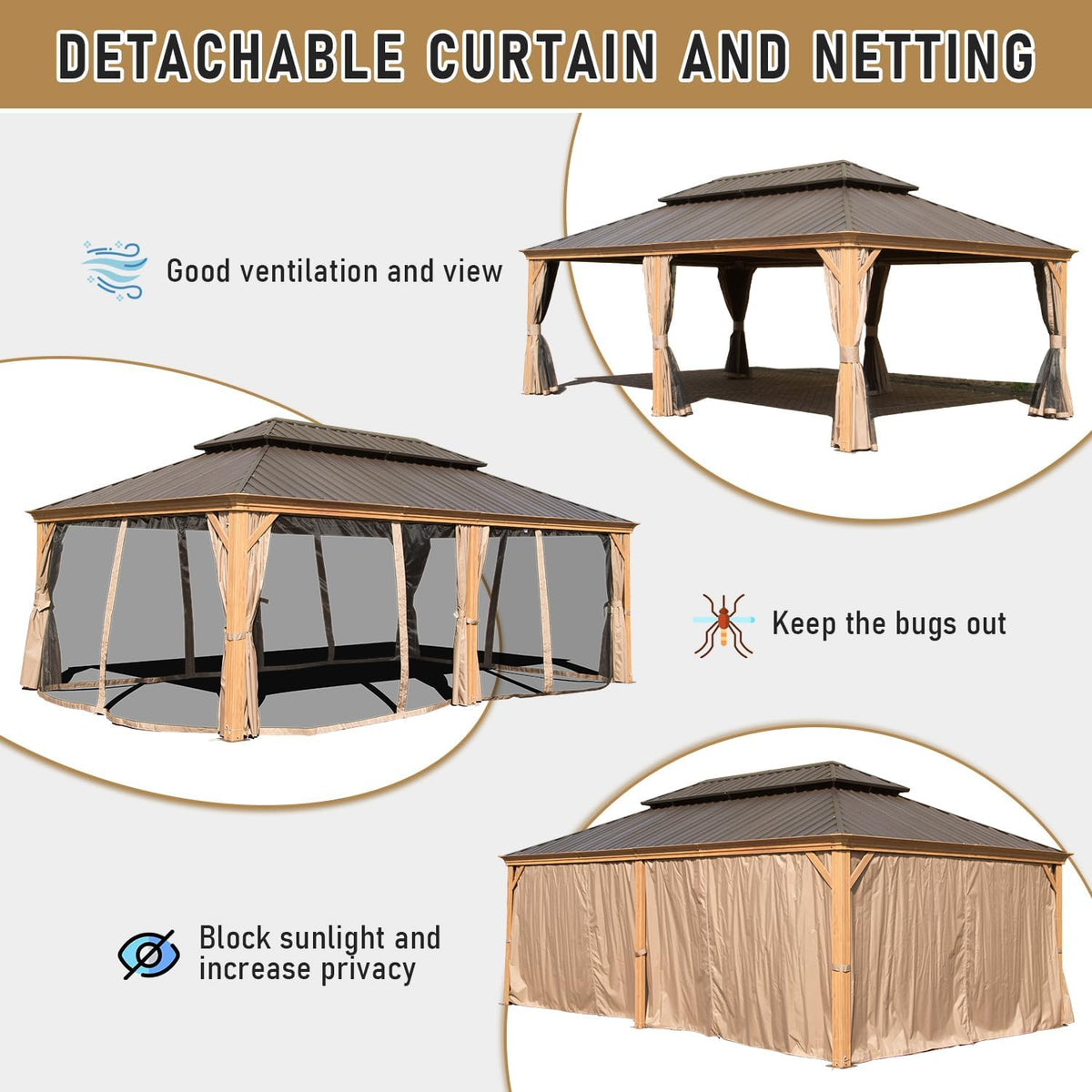 14x24FT Hardtop Gazebo with Galvanized Steel Double Roof - Yellow Brown