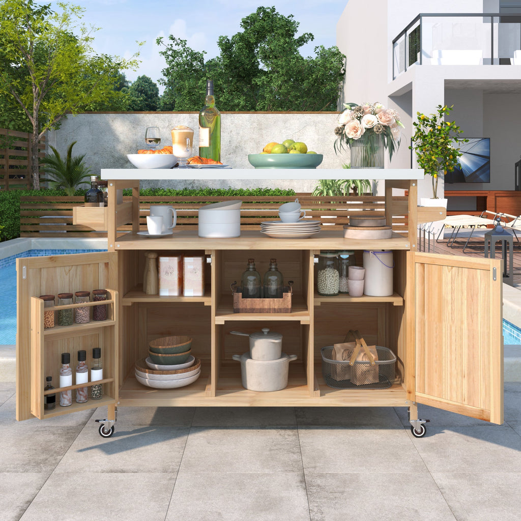 Outdoor Kitchen Island Rolling Bar Cart with Stainless Steel Top - Natural