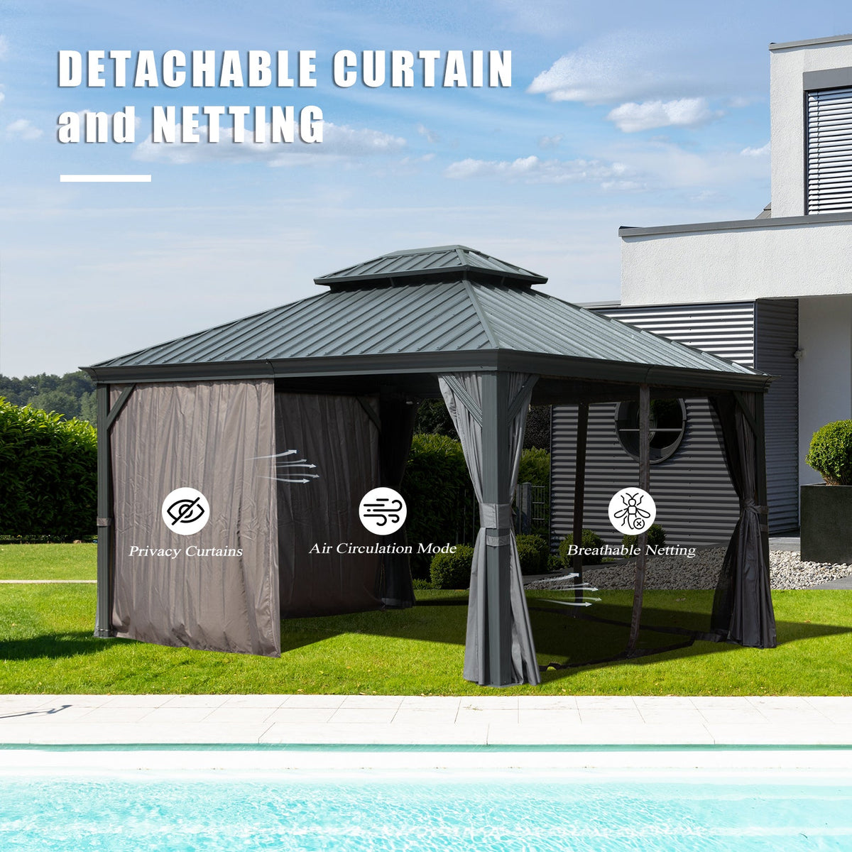 10' x 12' Hardtop Gazebo with Double Roof Canopy and Aluminum Frame - Grey