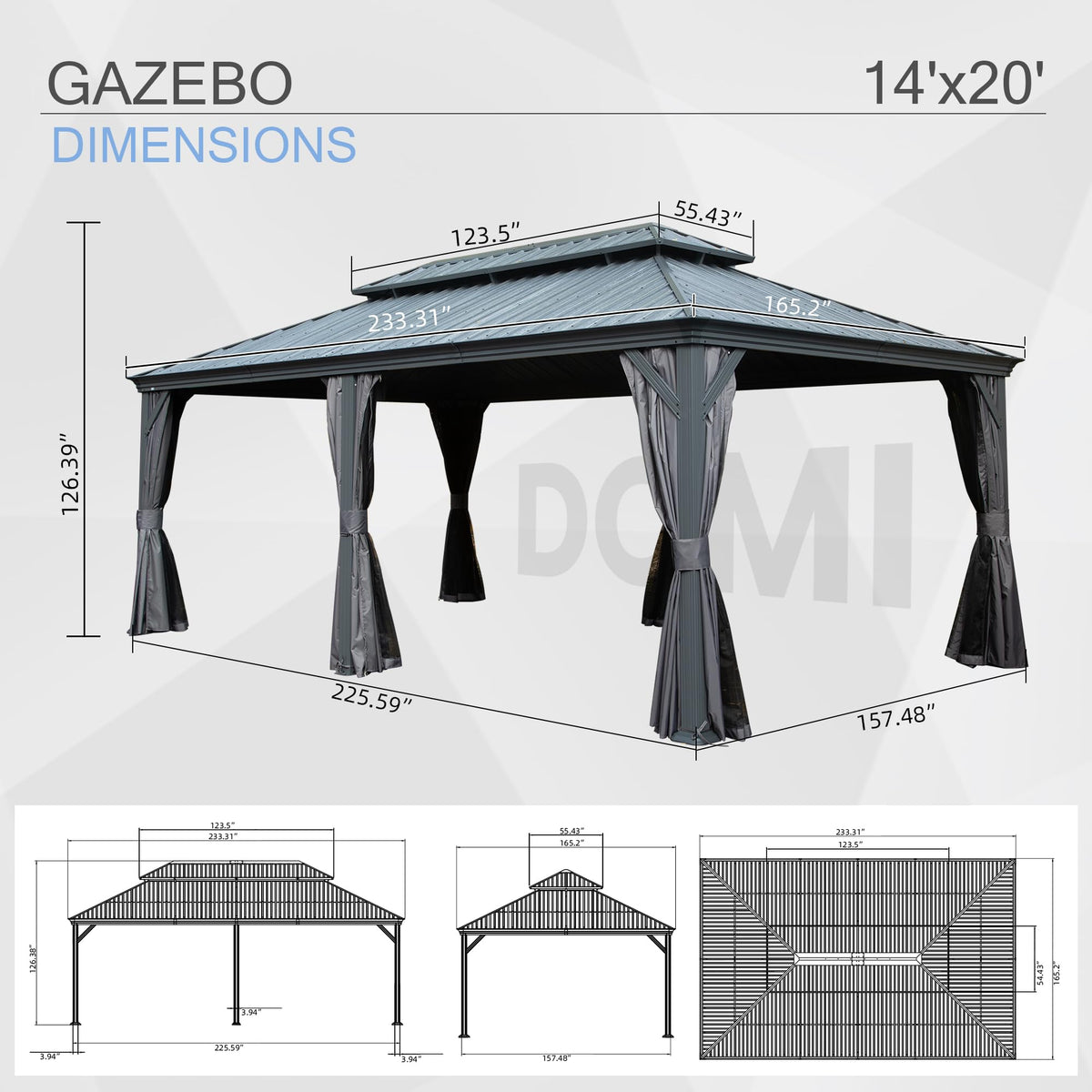 14' x 22' Hardtop Gazebo with Dual-Layer Steel Roof and Drainage - Grey or Brown
