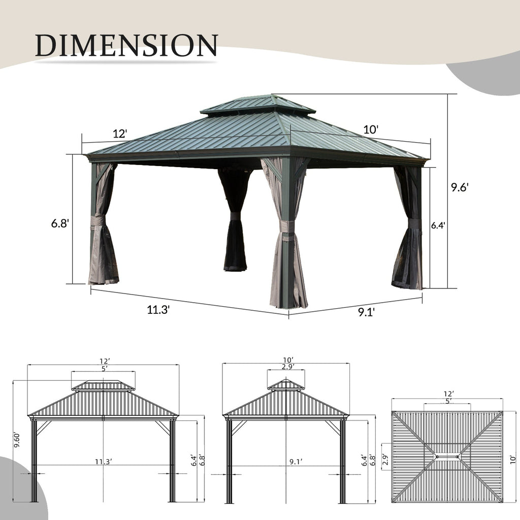 10' x 12' Hardtop Gazebo with Double Roof Canopy and Aluminum Frame - Grey