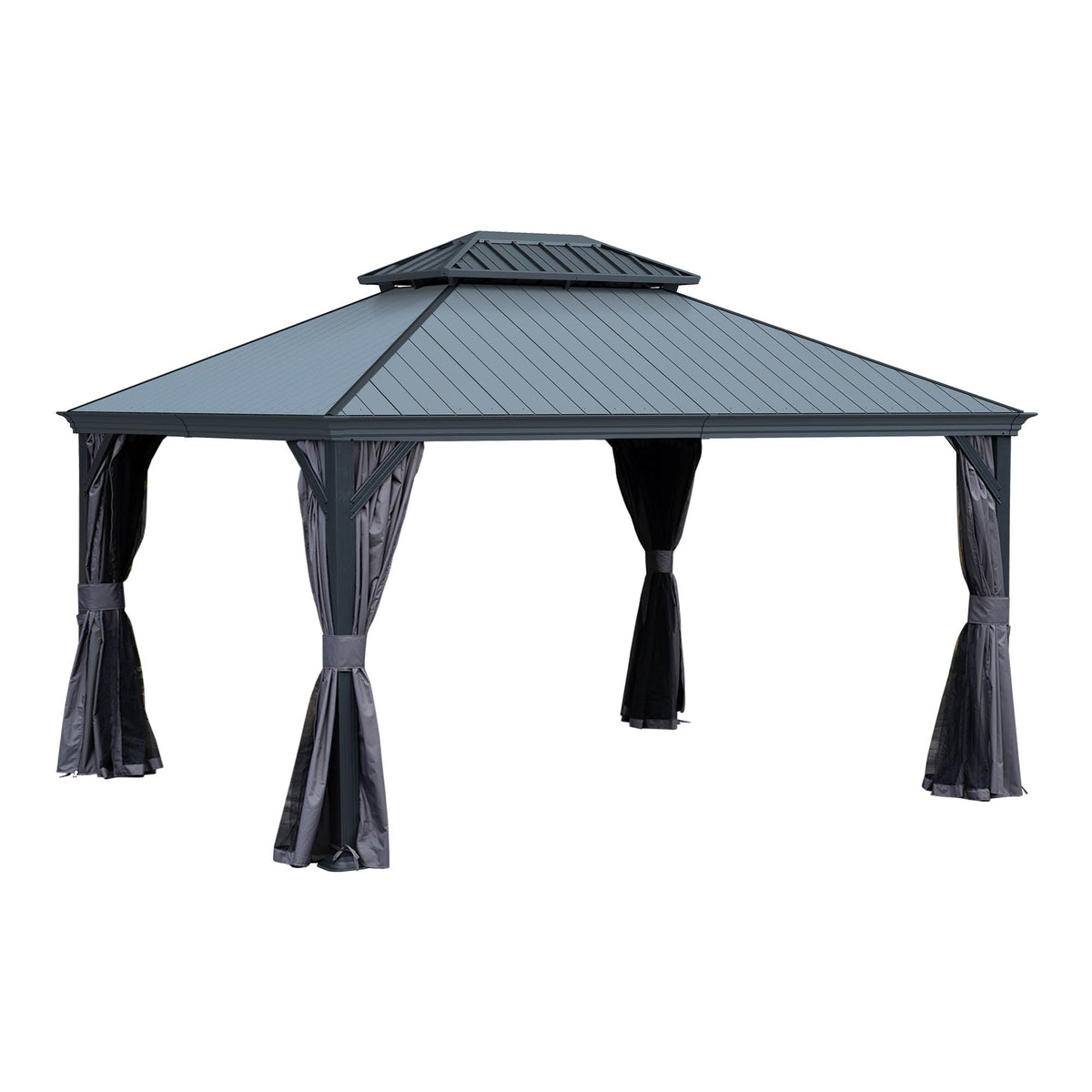 12x14 Hardtop Gazebo with Resin Roof and Drainage Gutters - Brown