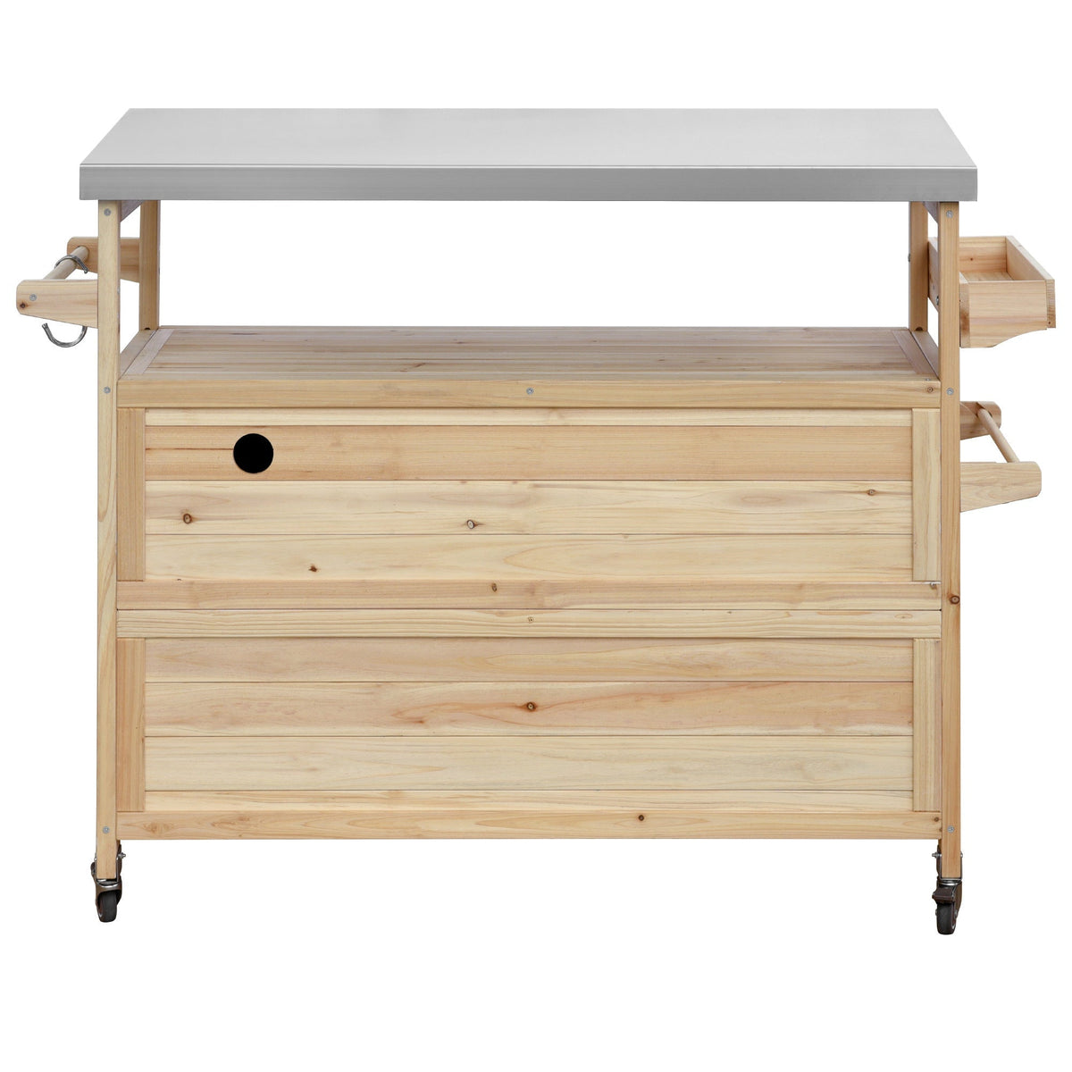 Outdoor Kitchen Island Rolling Bar Cart with Stainless Steel Top - Natural