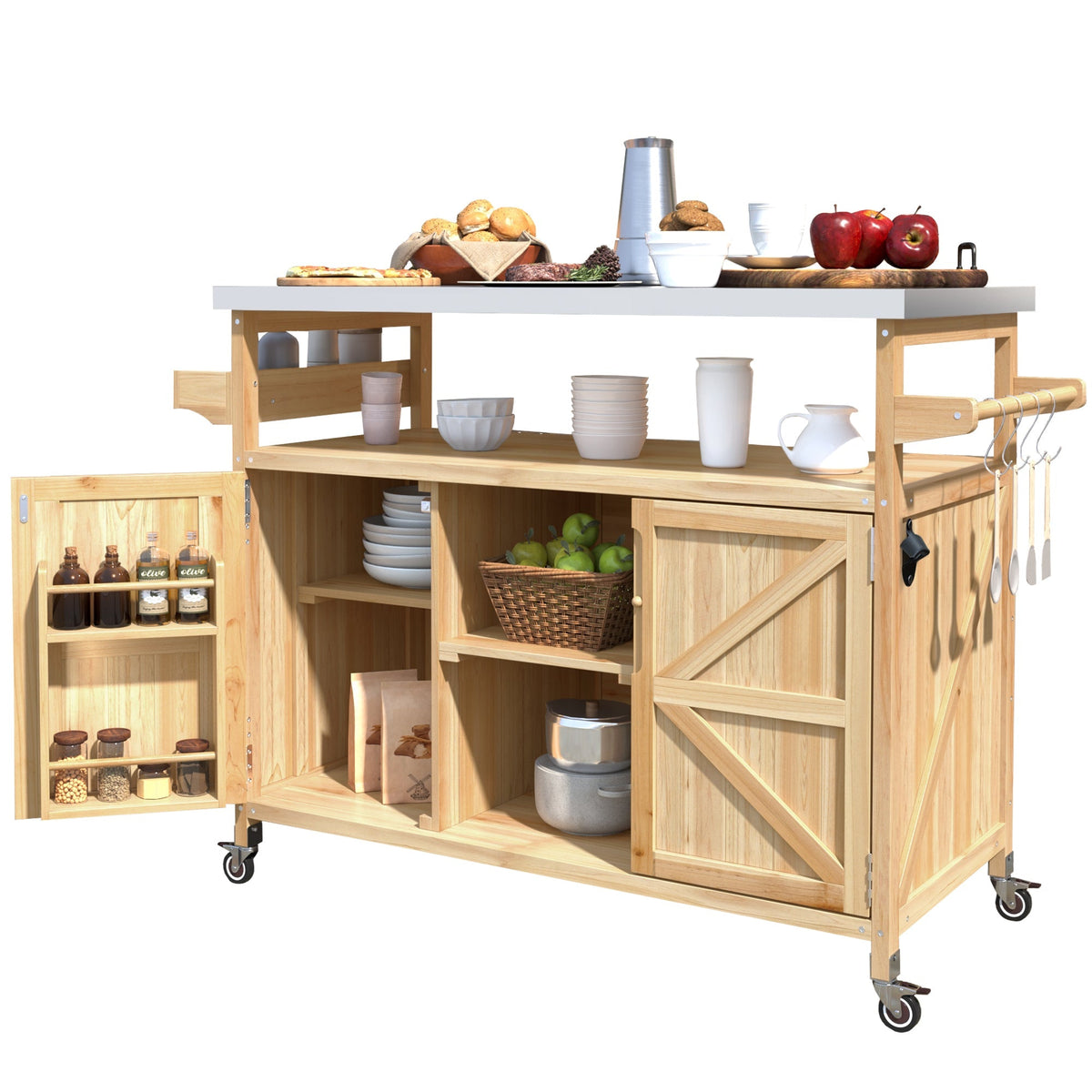 Outdoor Kitchen Island Rolling Bar Cart with Stainless Steel Top - Natural
