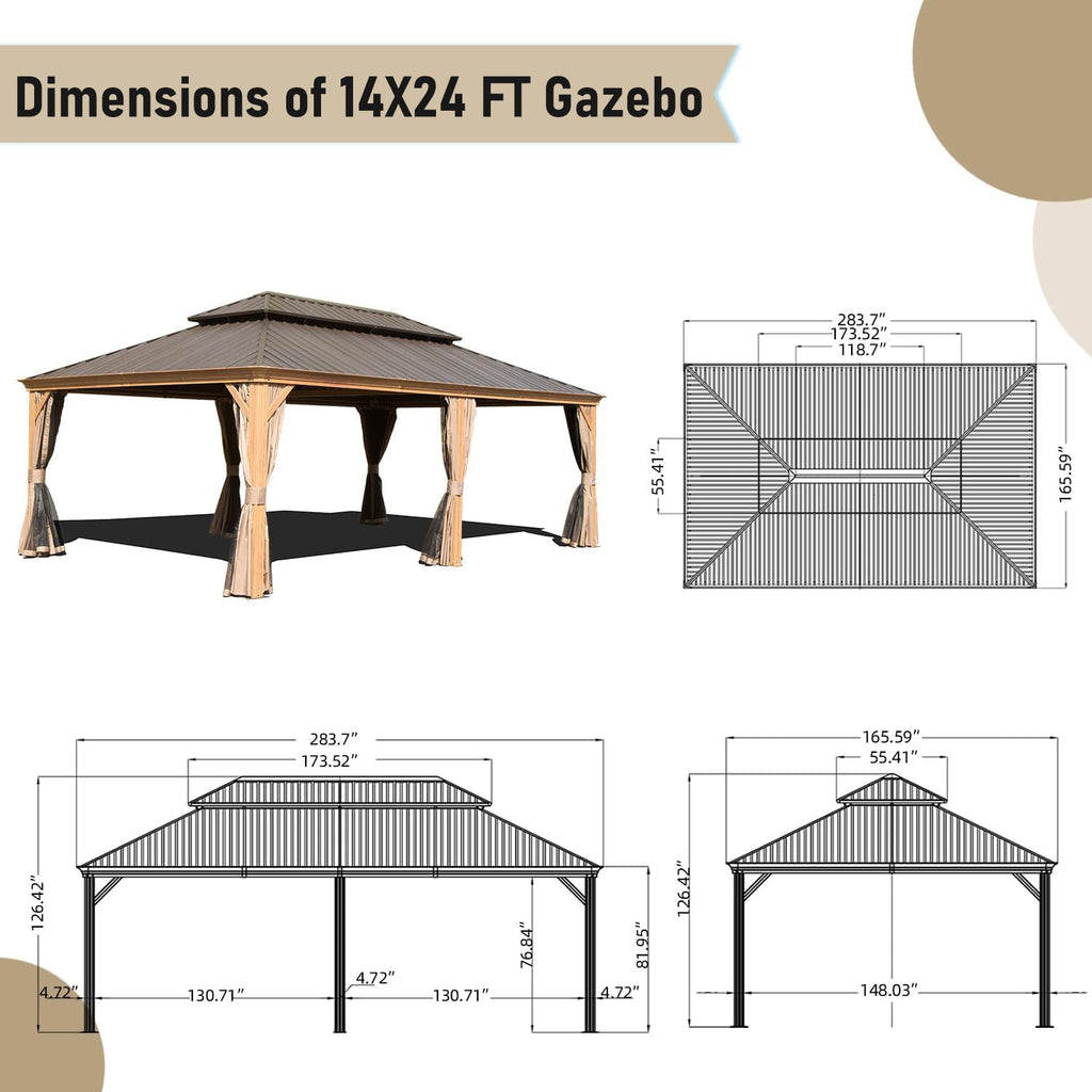 14x24FT Hardtop Gazebo with Galvanized Steel Double Roof - Yellow Brown