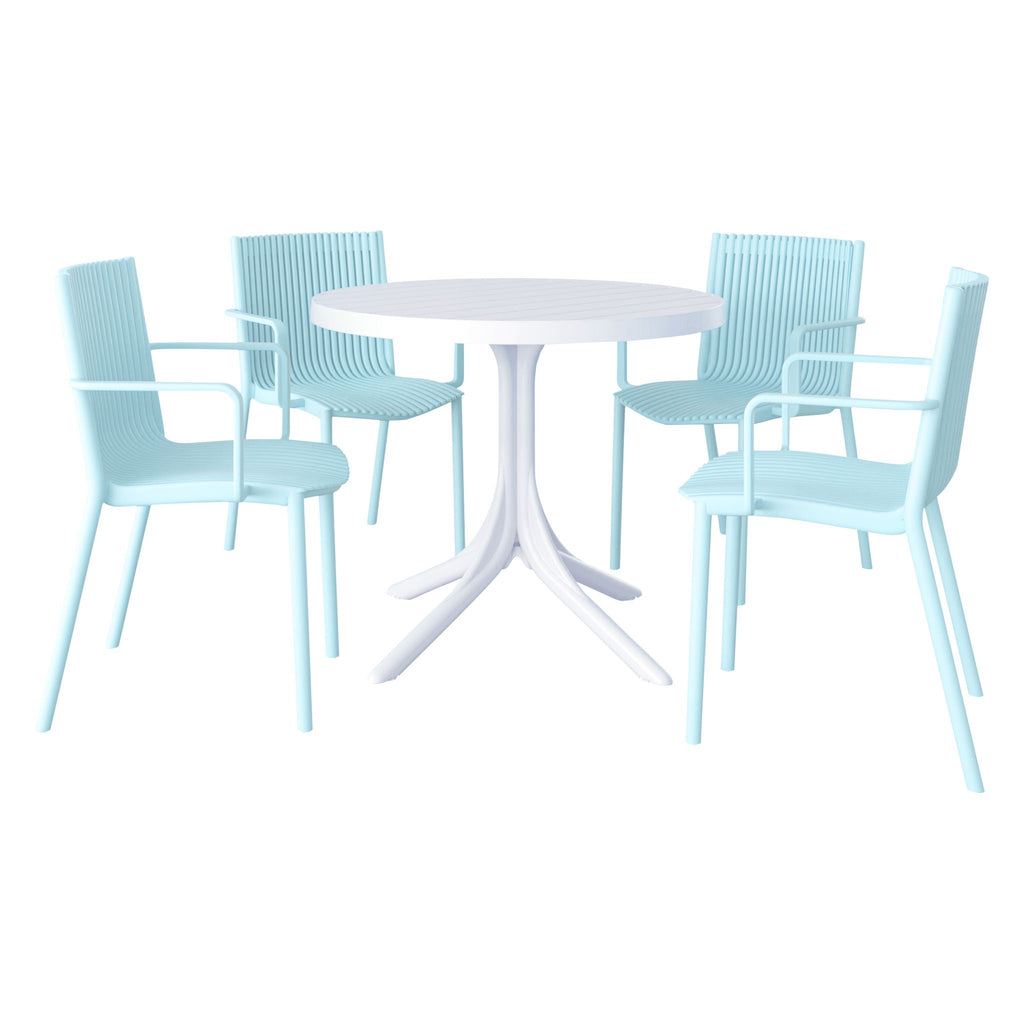 4 Modern Stackable Plastic Armchair Set with Round Table - Light Blue or Dark Gray