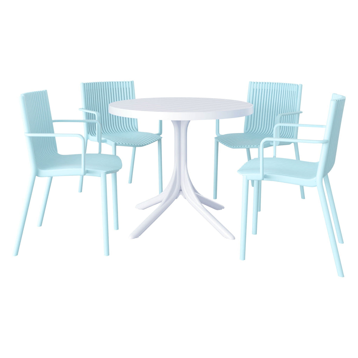 4 Modern Stackable Plastic Armchair Set with Round Table - Light Blue or Dark Gray