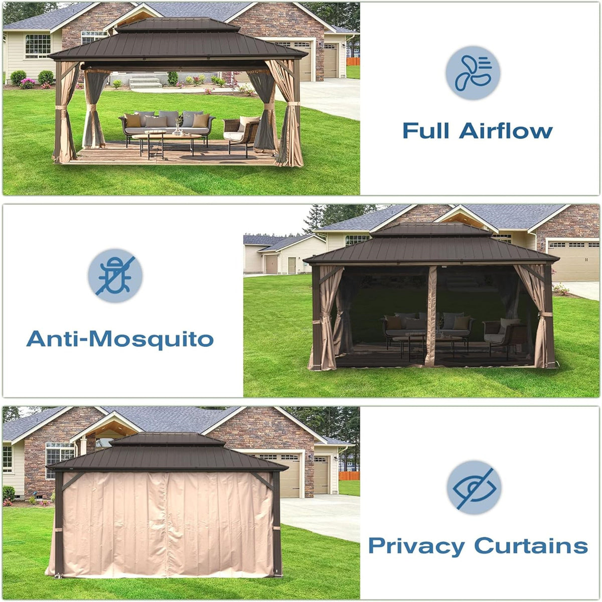 12' x 16' Hardtop Aluminum Gazebo with Double Roof Canopy - Brown