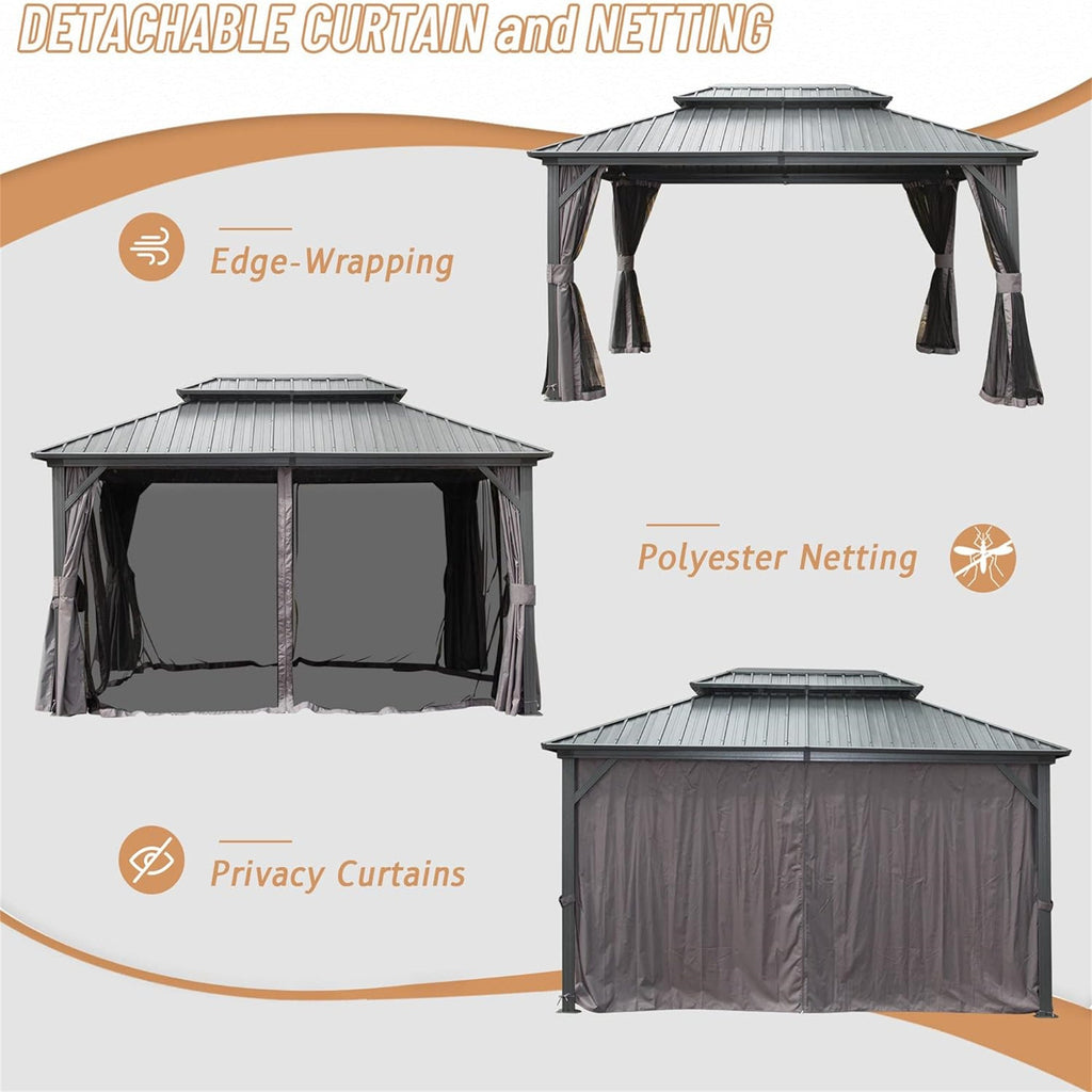 12' x 16' Hardtop Gazebo with Double Roof Canopy - Gray
