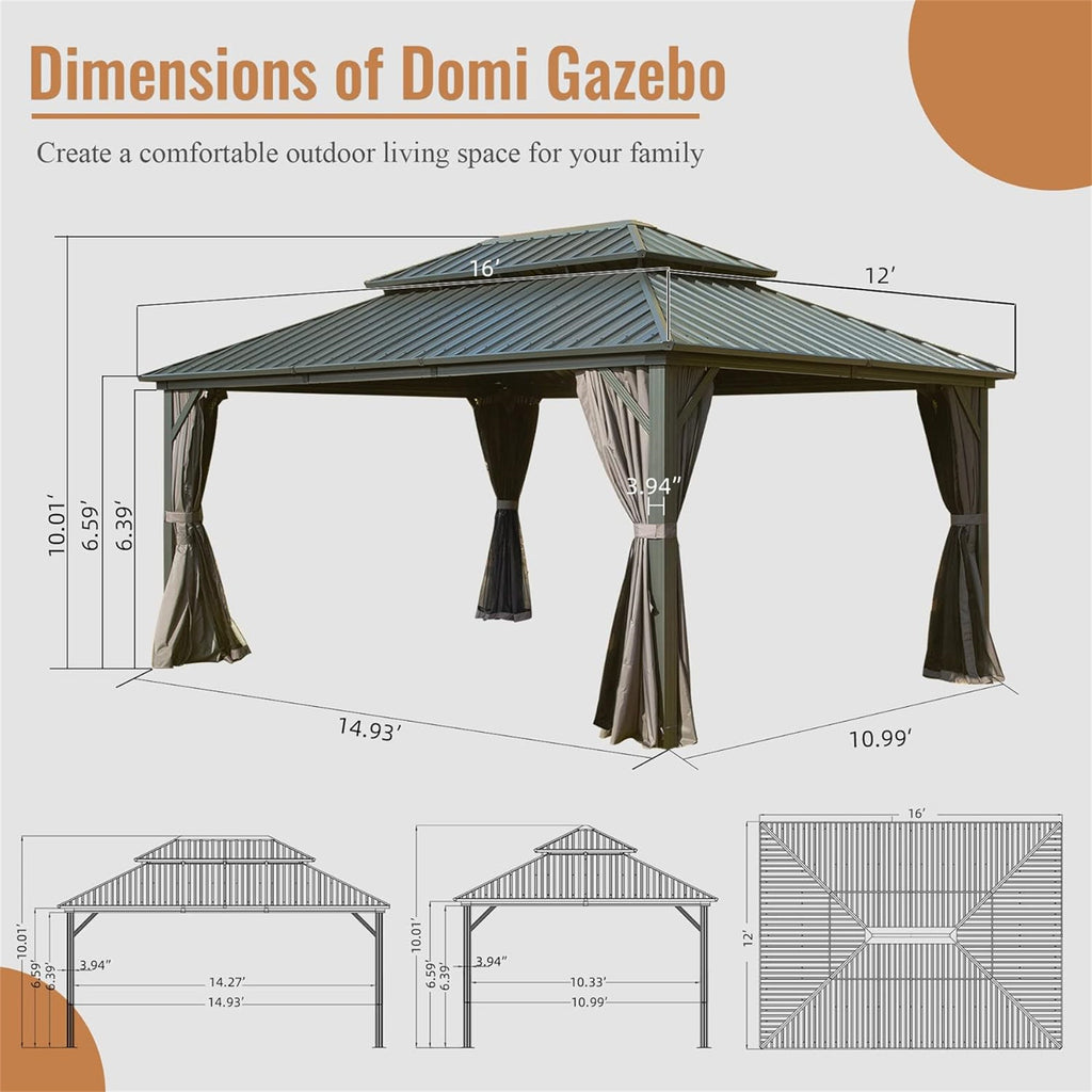 12' x 16' Hardtop Gazebo with Double Roof Canopy - Gray