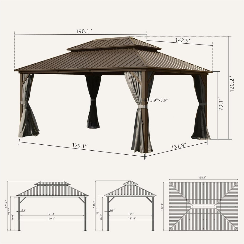 12' x 16' Hardtop Aluminum Gazebo with Double Roof Canopy - Brown