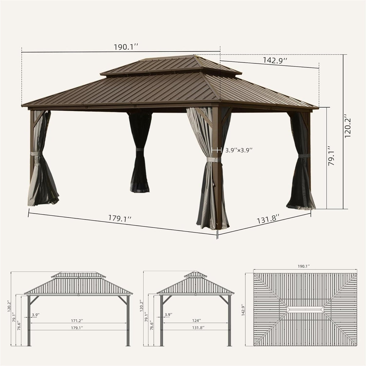 12' x 16' Hardtop Aluminum Gazebo with Double Roof Canopy - Brown