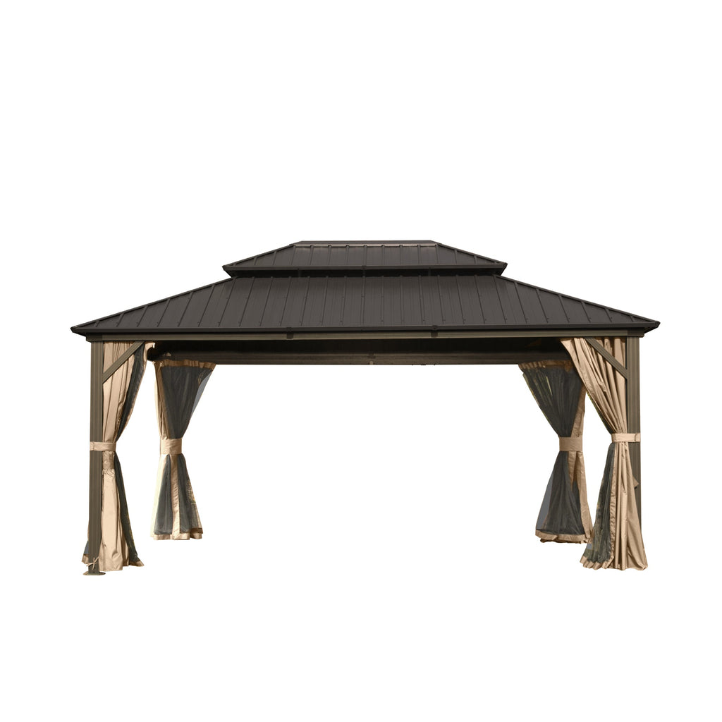 12' x 16' Hardtop Aluminum Gazebo with Double Roof Canopy - Brown