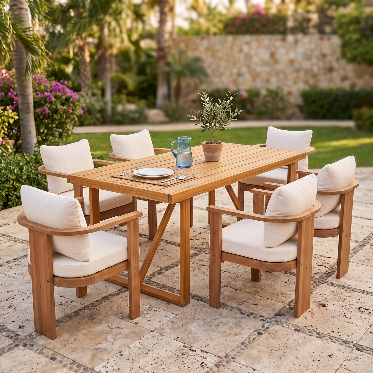 7-Piece Acacia Wood Outdoor Dining Set with Cushioned Arm Chairs - Teak Finish
