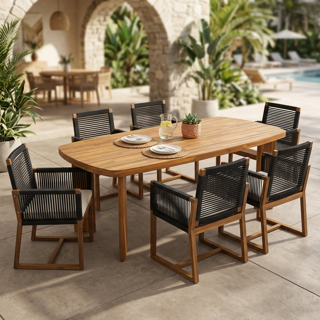 7-Piece Acacia Wood Outdoor Dining Set with Cushioned Arm Chairs - Teak Finish