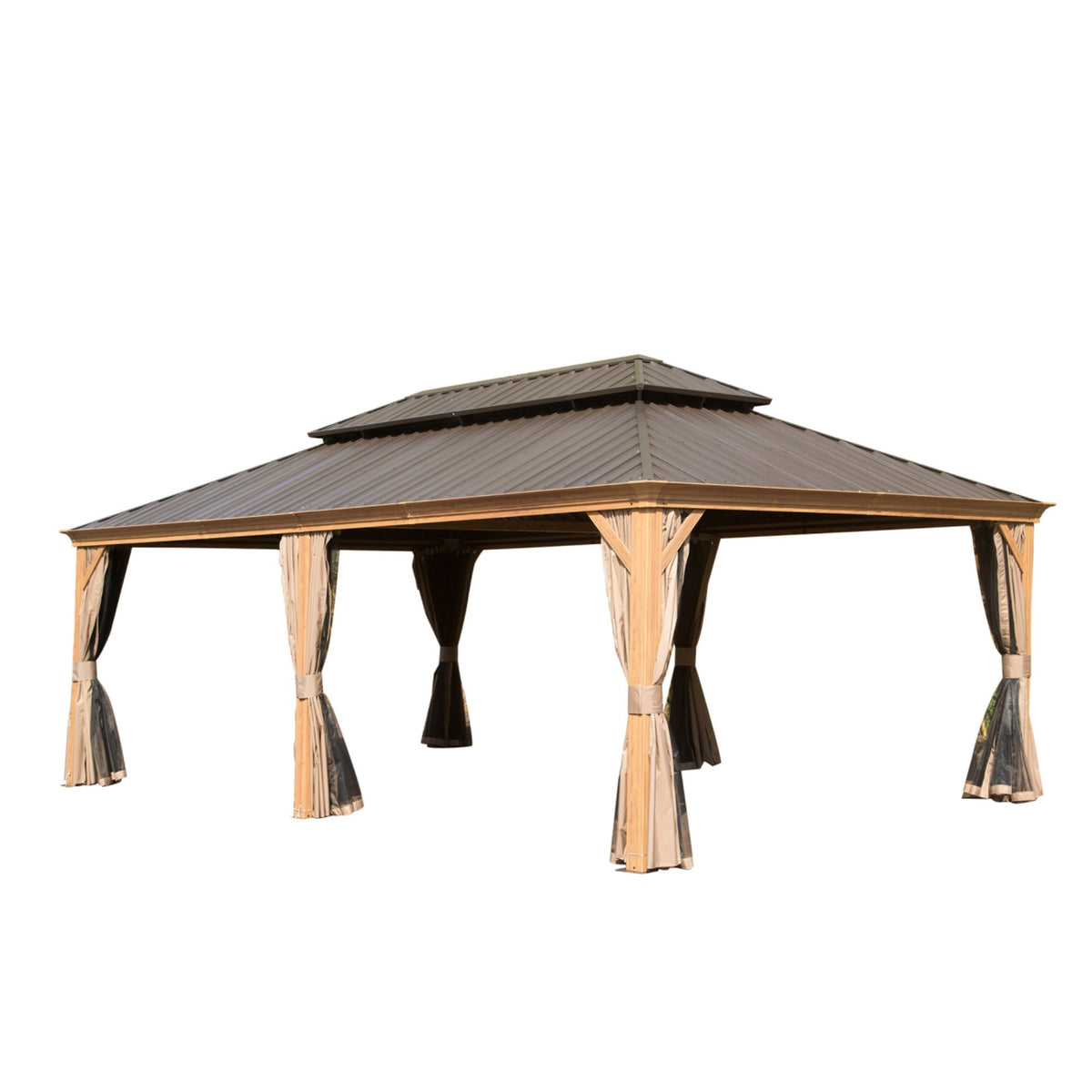 14x24FT Hardtop Gazebo with Galvanized Steel Double Roof - Yellow Brown