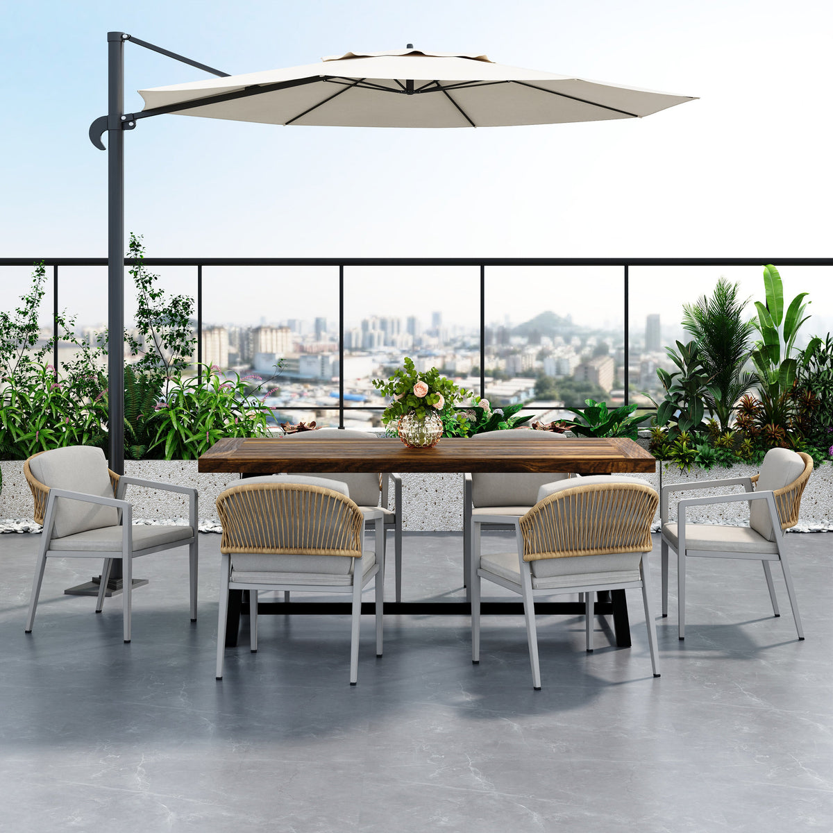 7-Piece Outdoor Dining Set with Expandable Acacia Wood Table and Rope Chairs - Gray, Teak