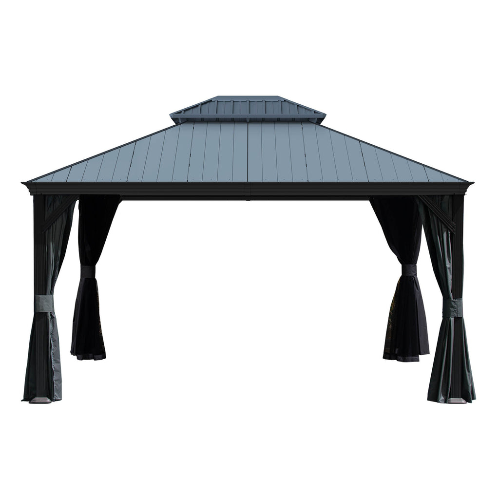 12x14 Hardtop Gazebo with Resin Roof and Drainage Gutters - Brown