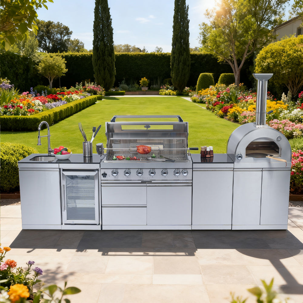 Stainless Steel Outdoor Kitchen Grill with Pizza Oven & Refrigerator - Silver
