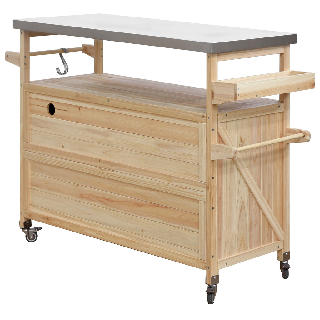 Outdoor Kitchen Island Rolling Bar Cart with Stainless Steel Top - Natural