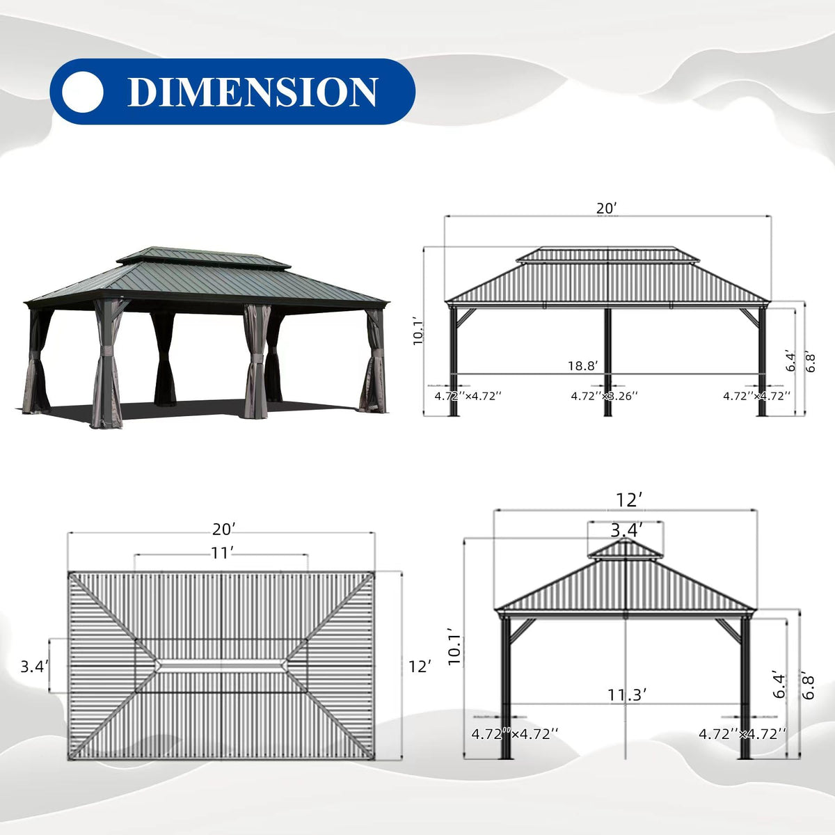 12' x 20' Hardtop Gazebo with Galvanized Steel Double Roof Canopy - Grey