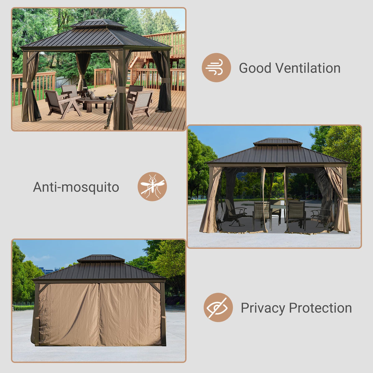 10' x 12' Hardtop Gazebo with Galvanized Steel Double Roof - Brown