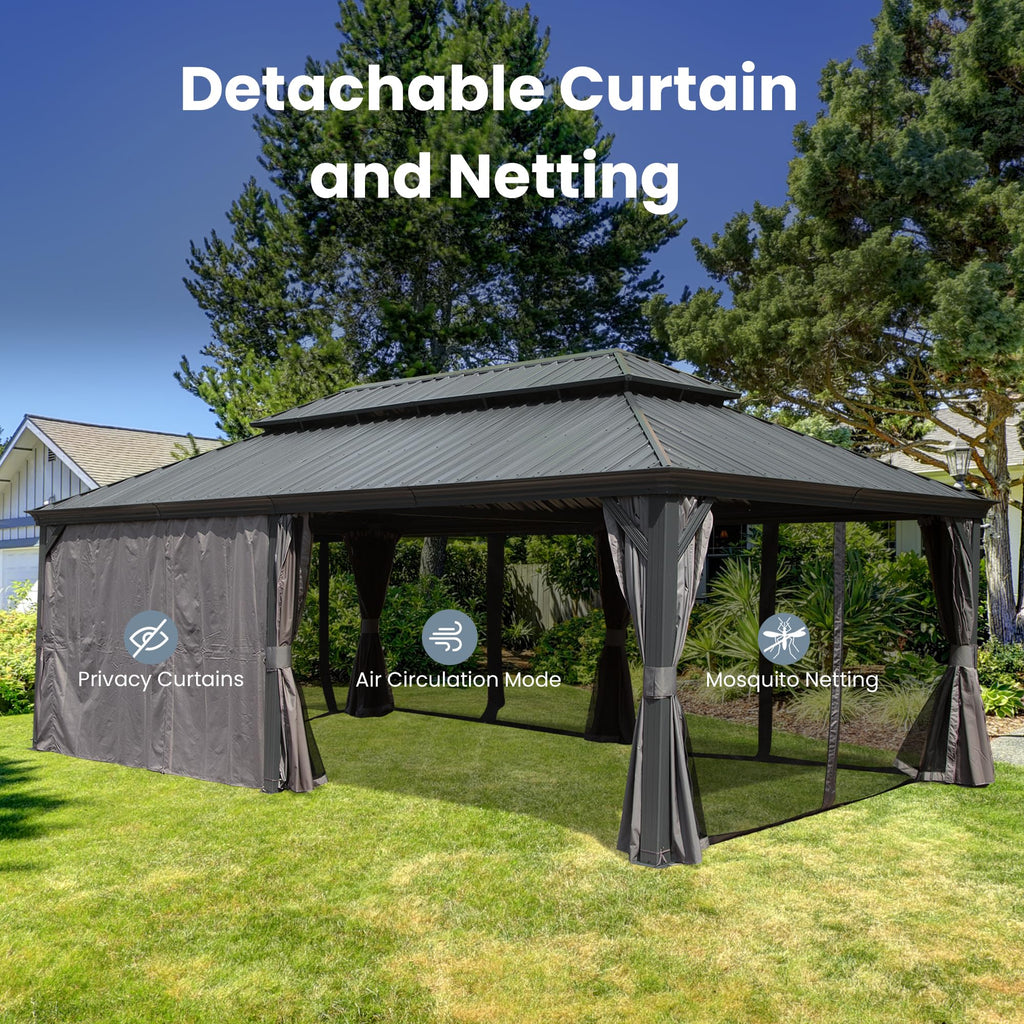 14' x 22' Hardtop Gazebo with Dual-Layer Steel Roof and Drainage - Grey or Brown