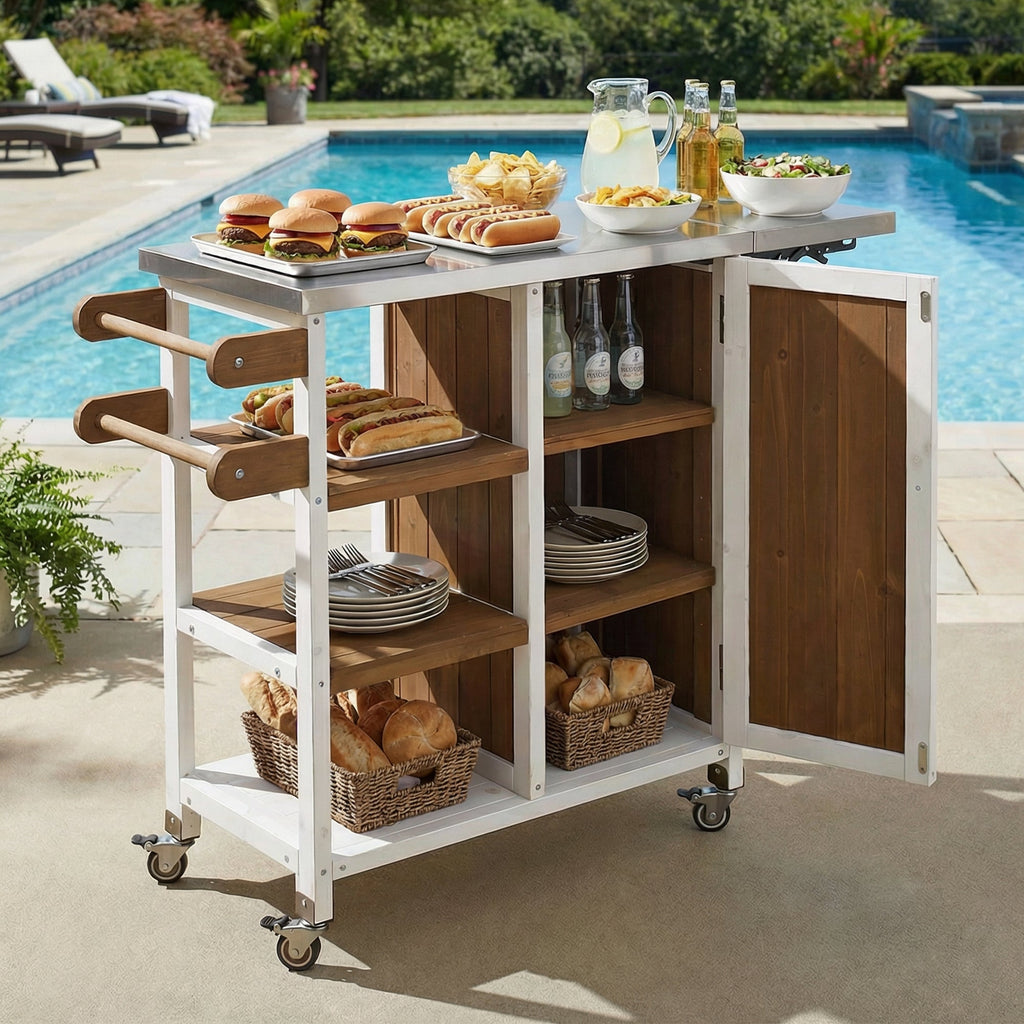 Foldable Outdoor Kitchen Island with Stainless Steel Top - Natural Wood