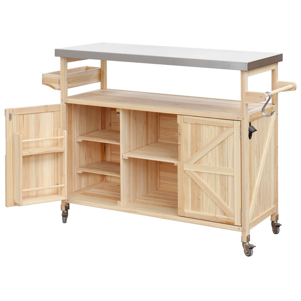 Outdoor Kitchen Island Rolling Bar Cart with Stainless Steel Top - Natural