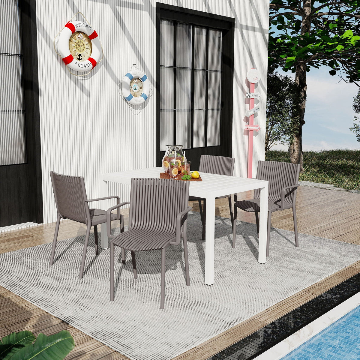 Modern Stackable Armchair Outdoor Dining Set with Long Table - Light Blue or Dark Gray
