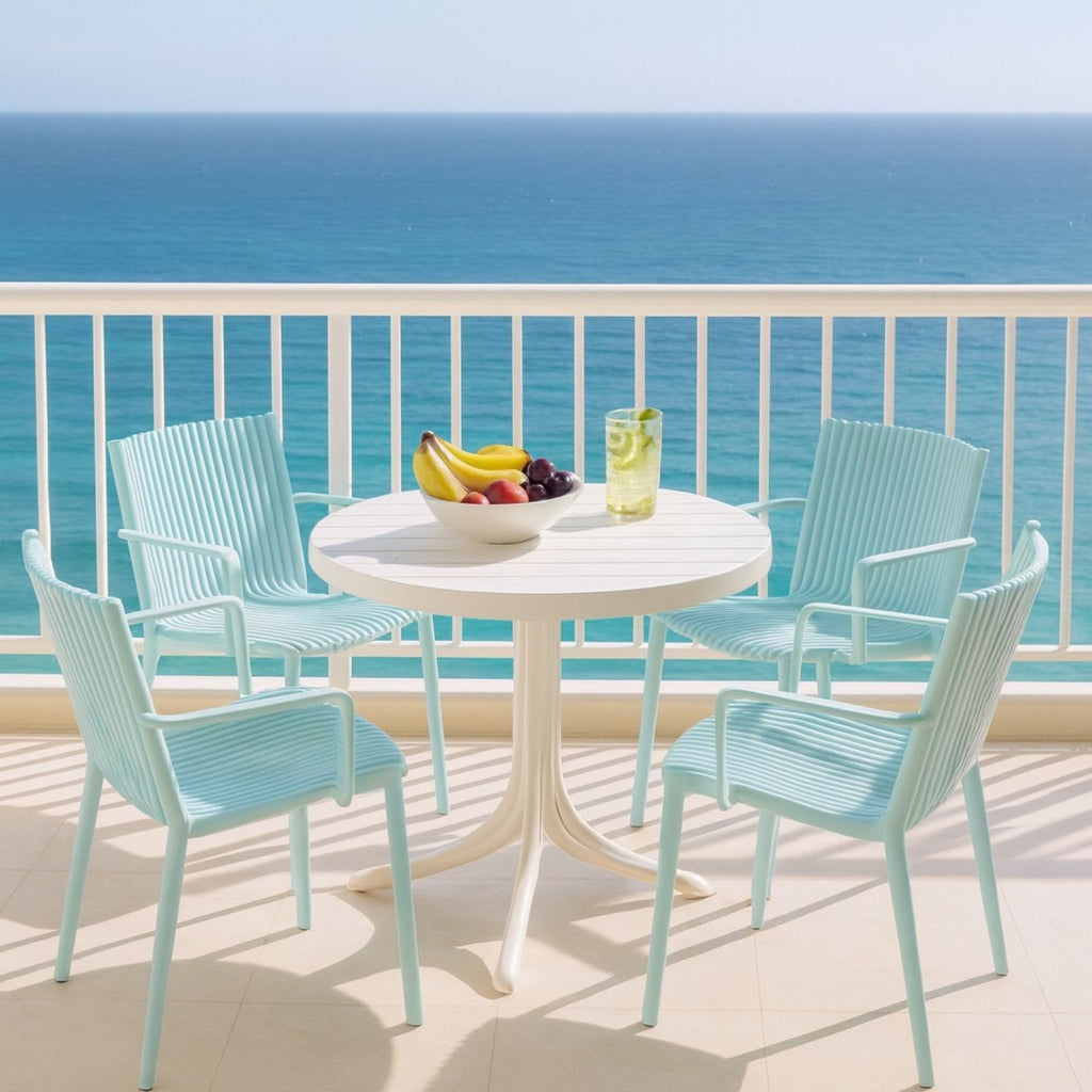 4 Modern Stackable Plastic Armchair Set with Round Table - Light Blue or Dark Gray