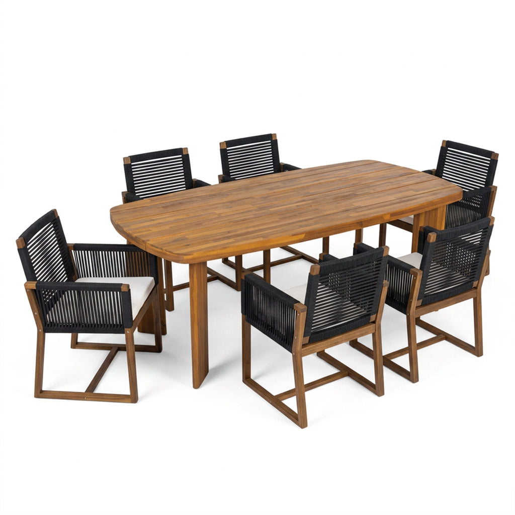 7-Piece Acacia Wood Outdoor Dining Set with Cushioned Arm Chairs - Teak Finish