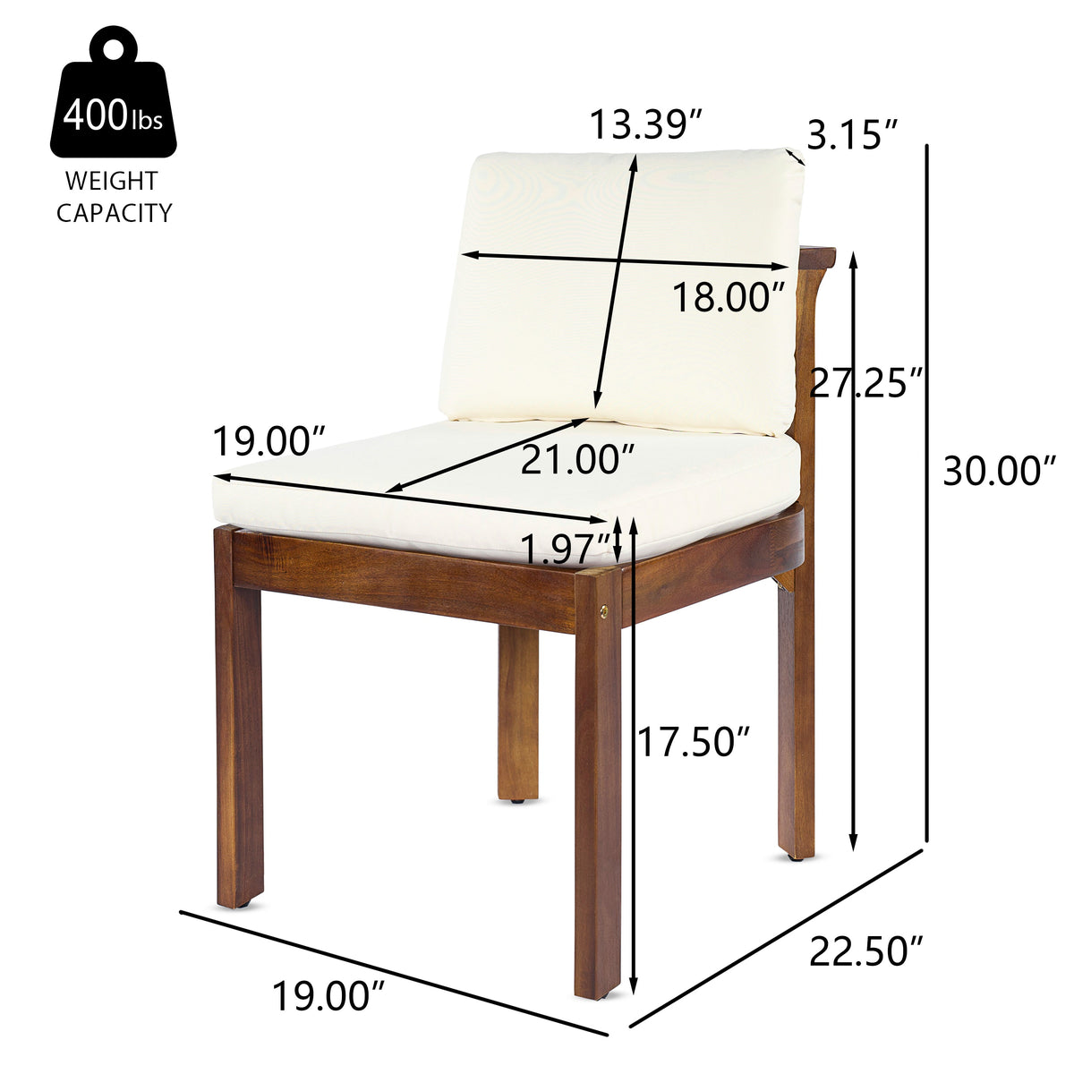 Acacia Wood Outdoor Dining Chair Set of 4 with Water-Repellent Cushions – Brown, Cream or Cream, Teak