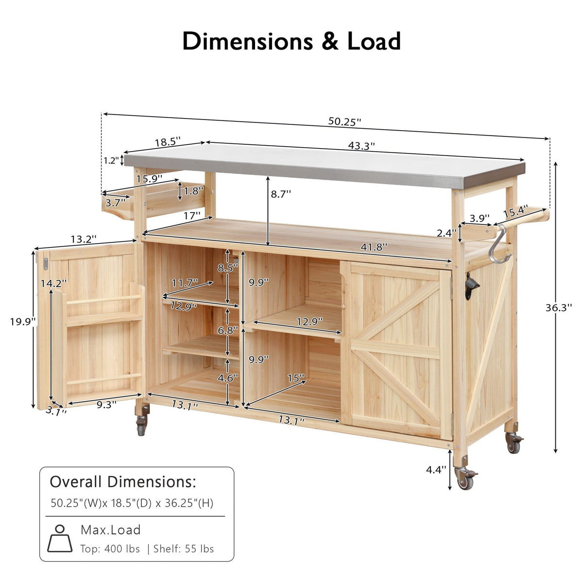 Outdoor Kitchen Island Rolling Bar Cart with Stainless Steel Top - Natural