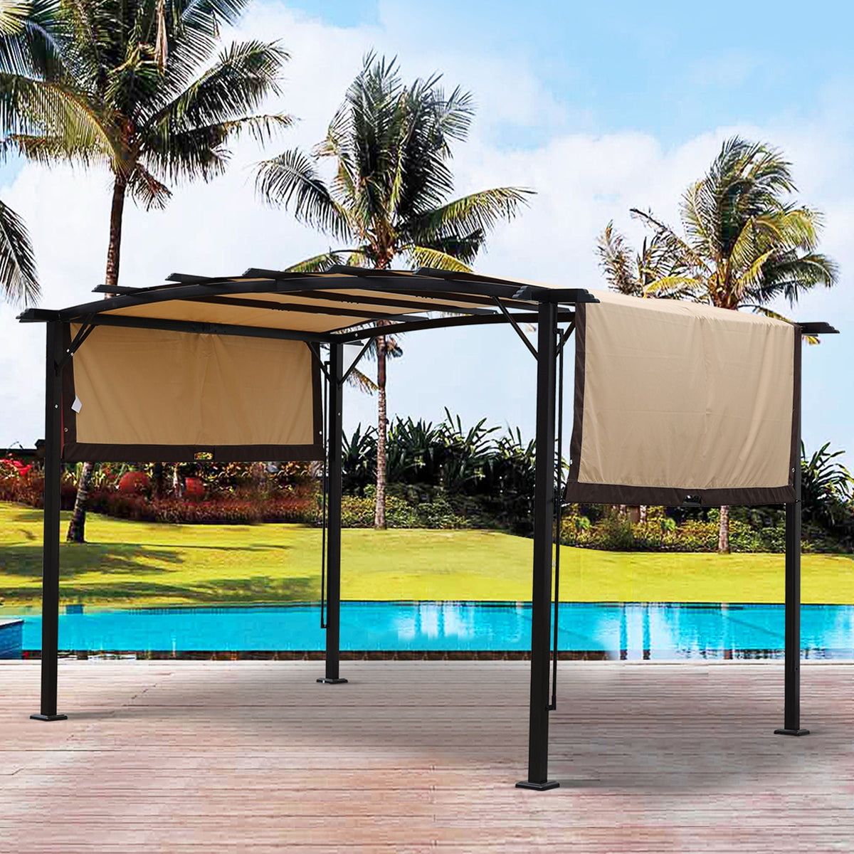 Outdoor Patio Pergola Gazebo with Retractable Canopy - Beige or Dark Gray