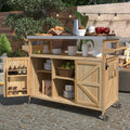 Outdoor Kitchen Island Rolling Bar Cart with Stainless Steel Top - Natural