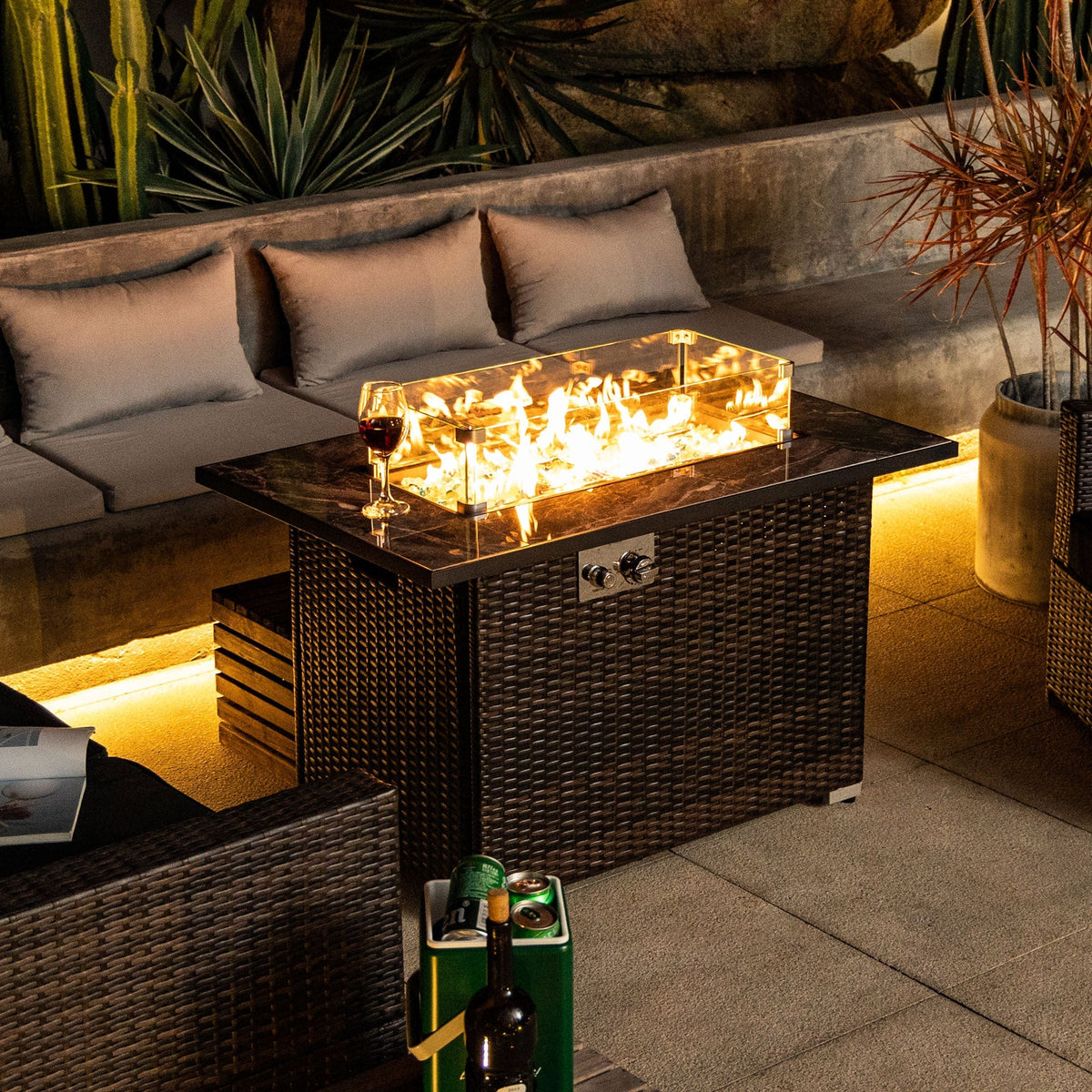 44" Propane Gas Fire Pit Table with Tile Top and Wicker Base - Espresso