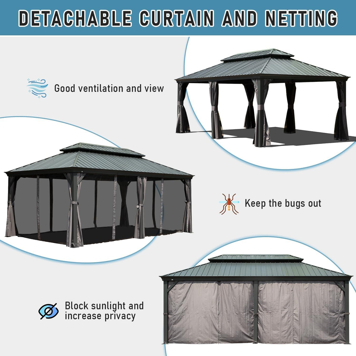 14x24FT Hardtop Gazebo with Galvanized Steel Double Roof and Aluminum Frame - Grey