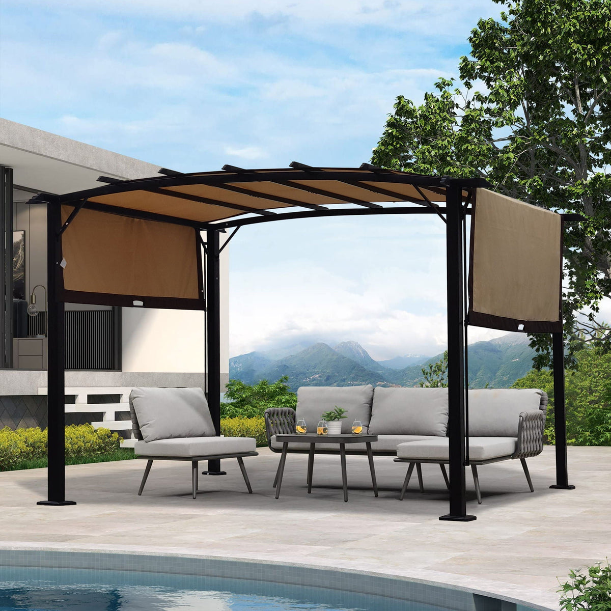 Outdoor Patio Pergola Gazebo with Retractable Canopy - Beige or Dark Gray