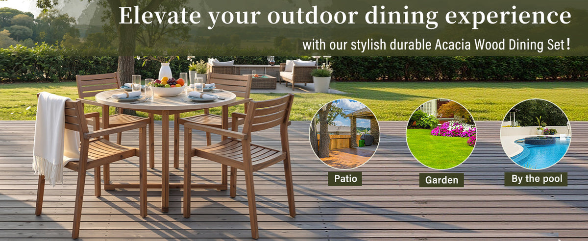 Acacia Wood Outdoor Dining Set with 47.2" Round Table - Natural