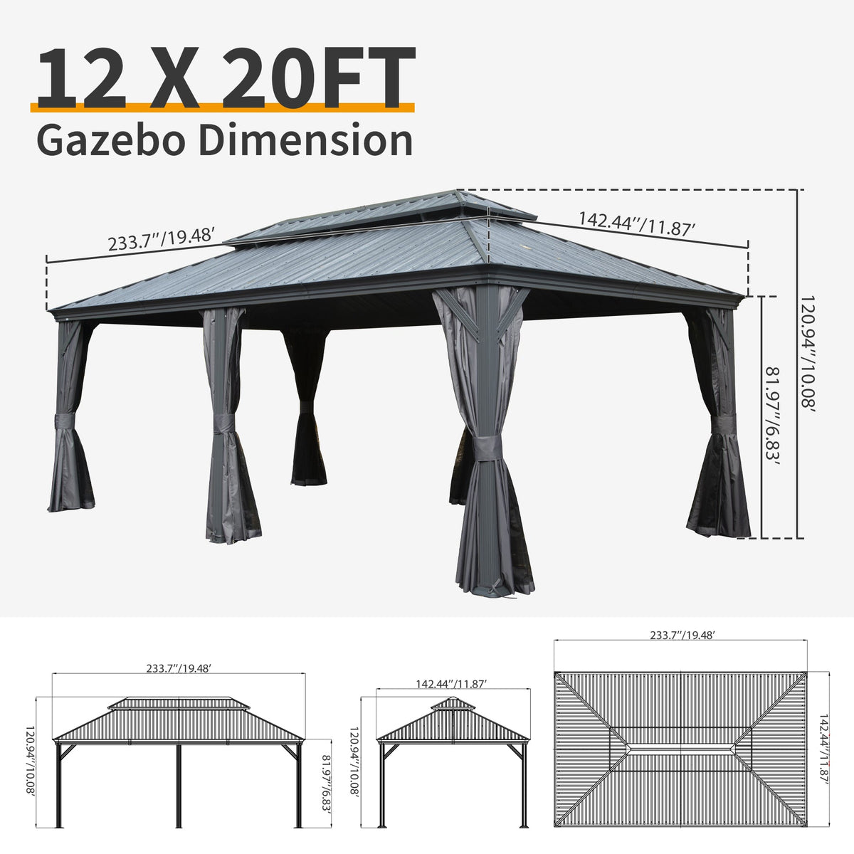 12' x 20' Hardtop Gazebo with Drainage System - Metal