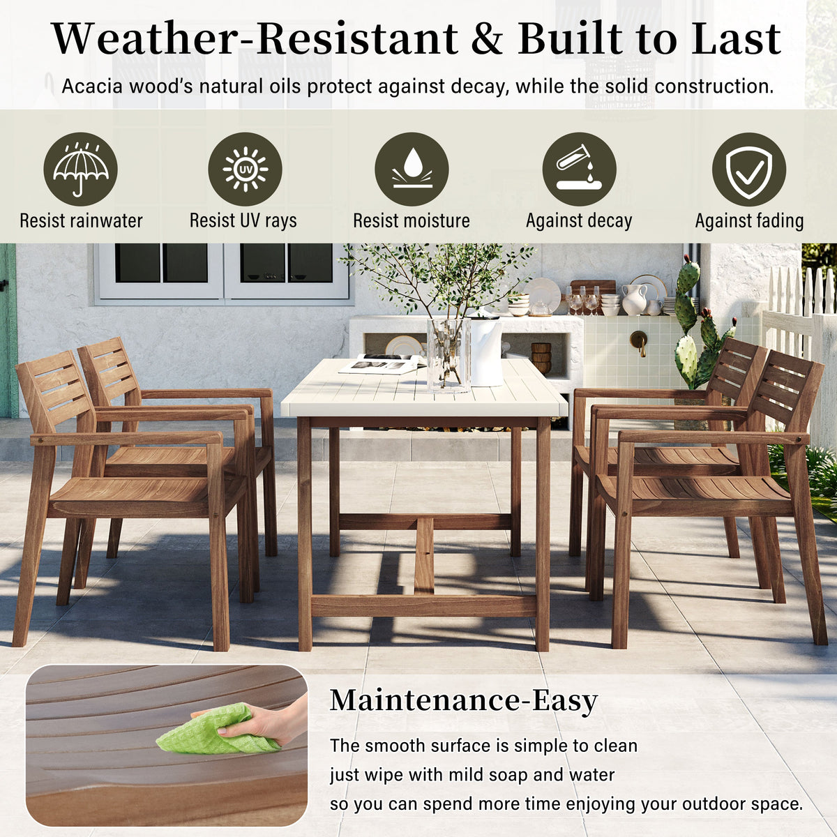 5-Piece Acacia Wood Outdoor Dining Set with Umbrella Hole