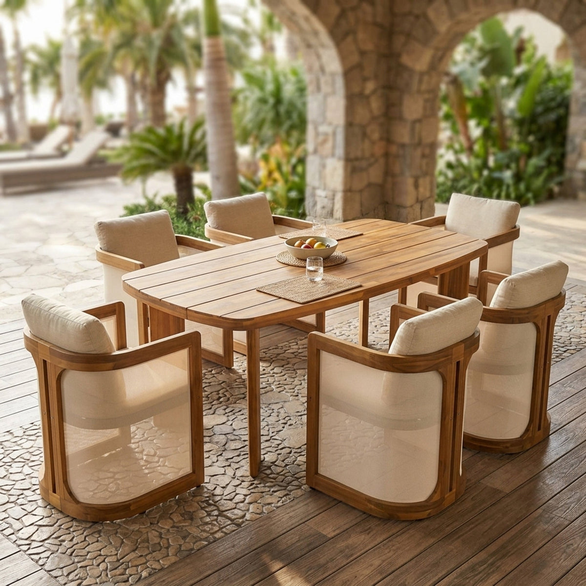 7-Piece Acacia Wood Outdoor Dining Set with Cushioned Arm Chairs - Teak Finish