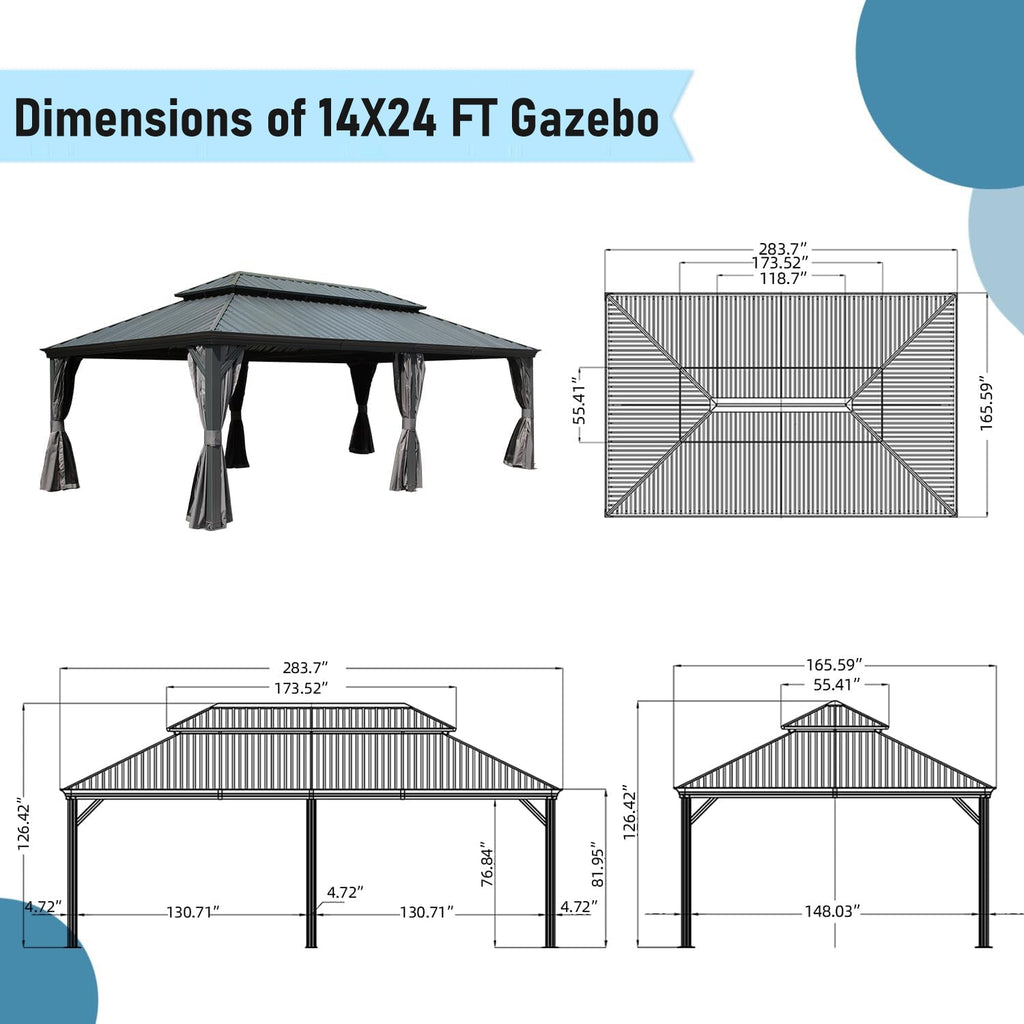14x24FT Hardtop Gazebo with Galvanized Steel Double Roof and Aluminum Frame - Grey