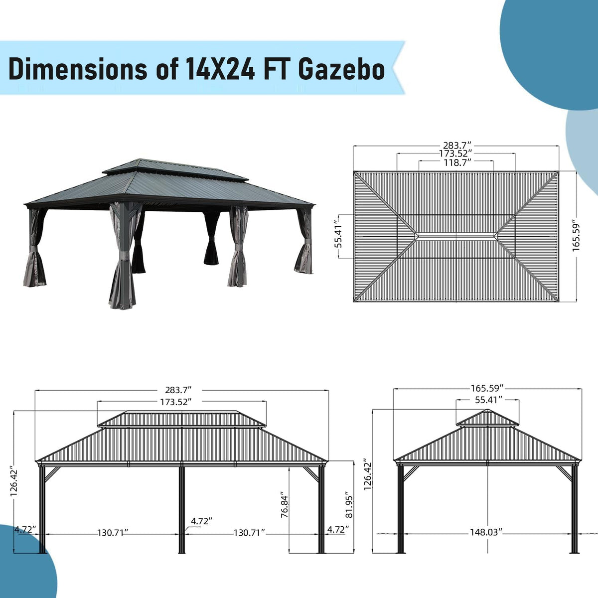 14x24FT Hardtop Gazebo with Galvanized Steel Double Roof and Aluminum Frame - Grey