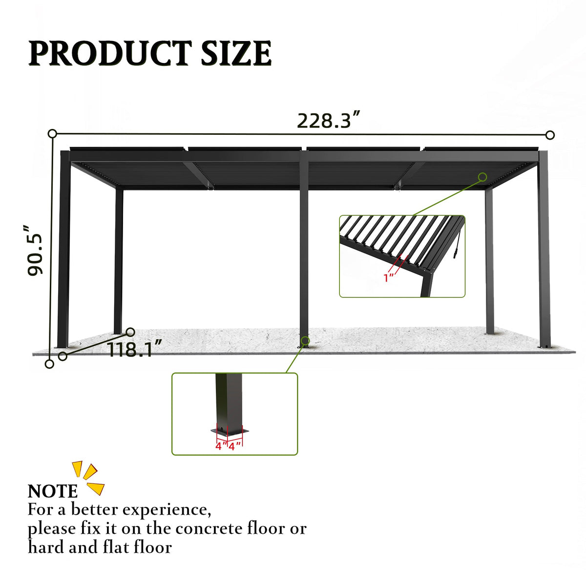 8640E Louver Pergola with Aluminum Frame & Adjustable Steel Louvers - Grey